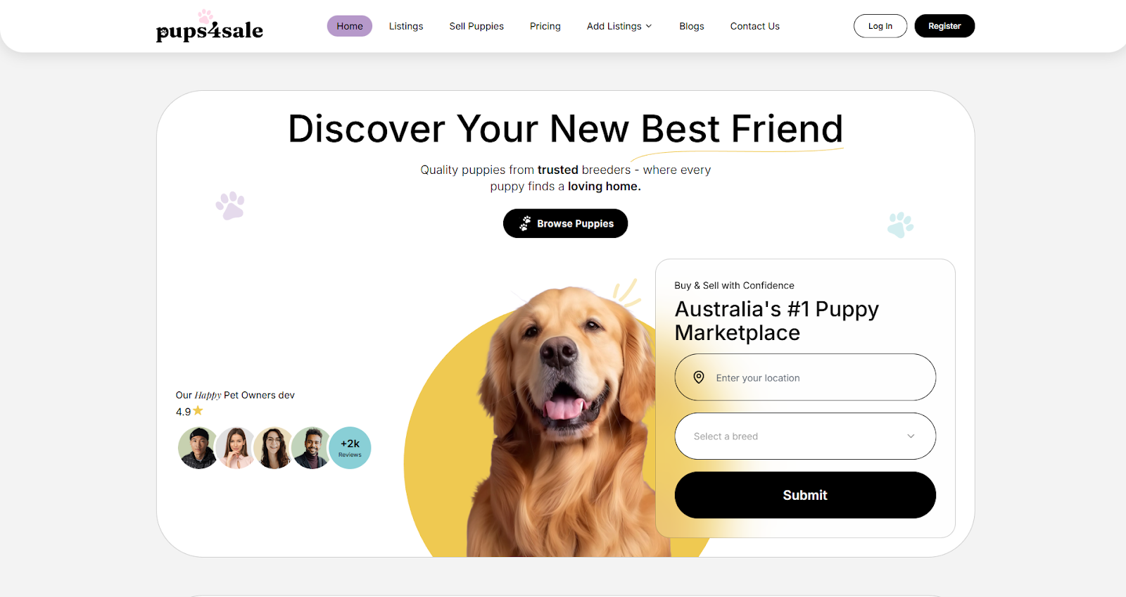 Pups4Sale homepage showing trusted puppy marketplace with Golden Retriever hero image, search filters and trusted breeder message for safe online puppy buying guide