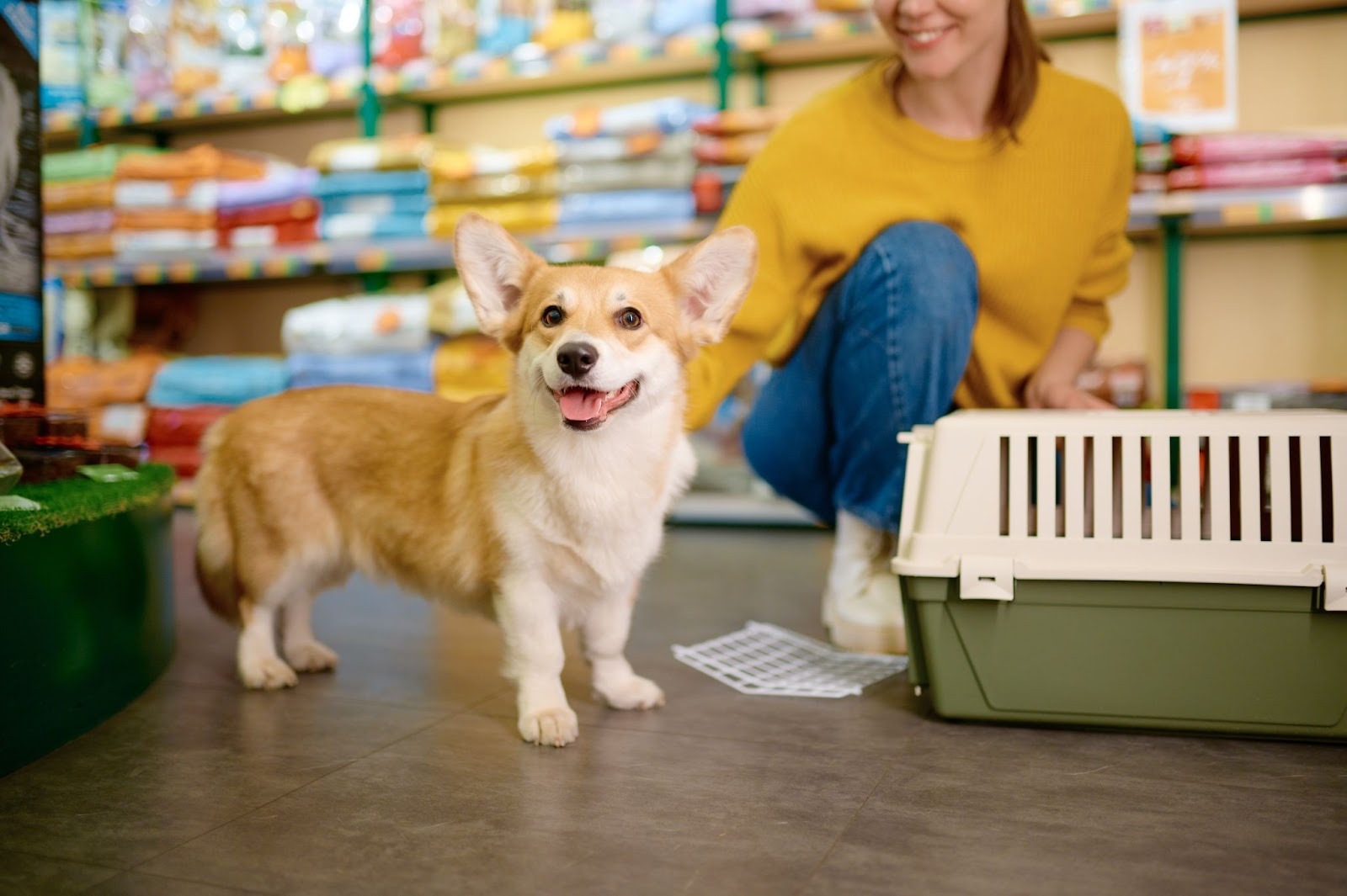 Woman smiling while hugging a golden retriever on a sofa in a bright living room.