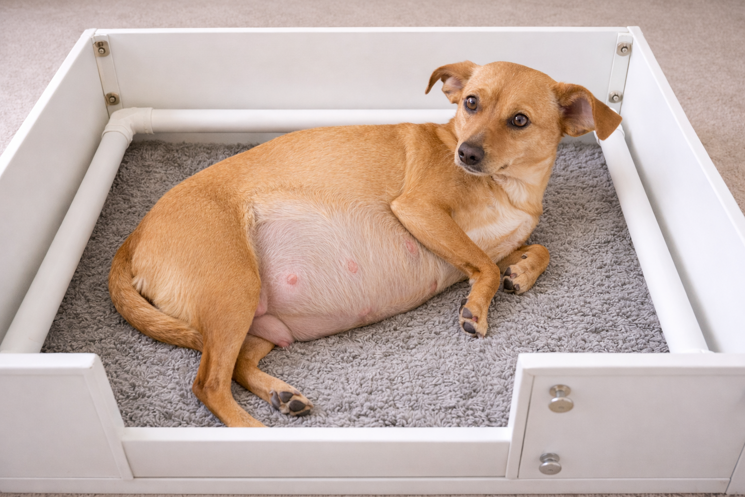 Pregnant dog resting inside a clean, properly prepared whelping box setup before labour