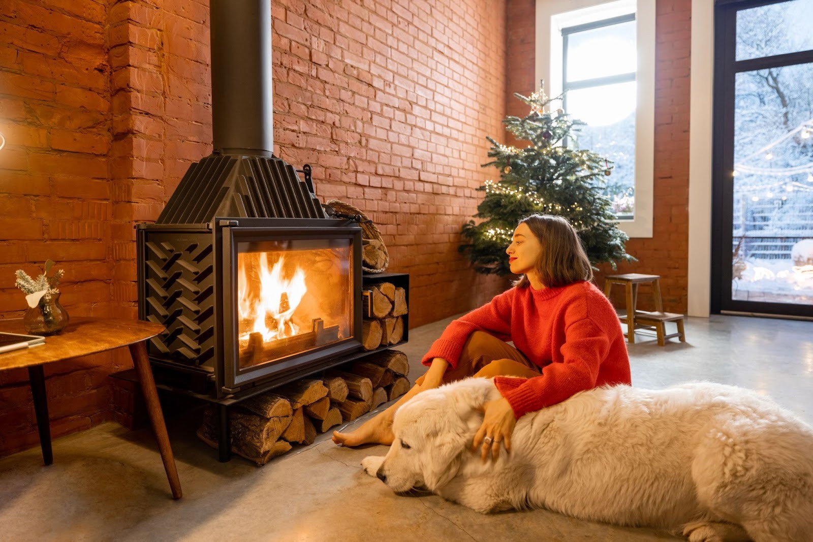 Woman sitting beside a lit fireplace with her dog in a cosy living room with brick walls and a decorated Christmas tree.