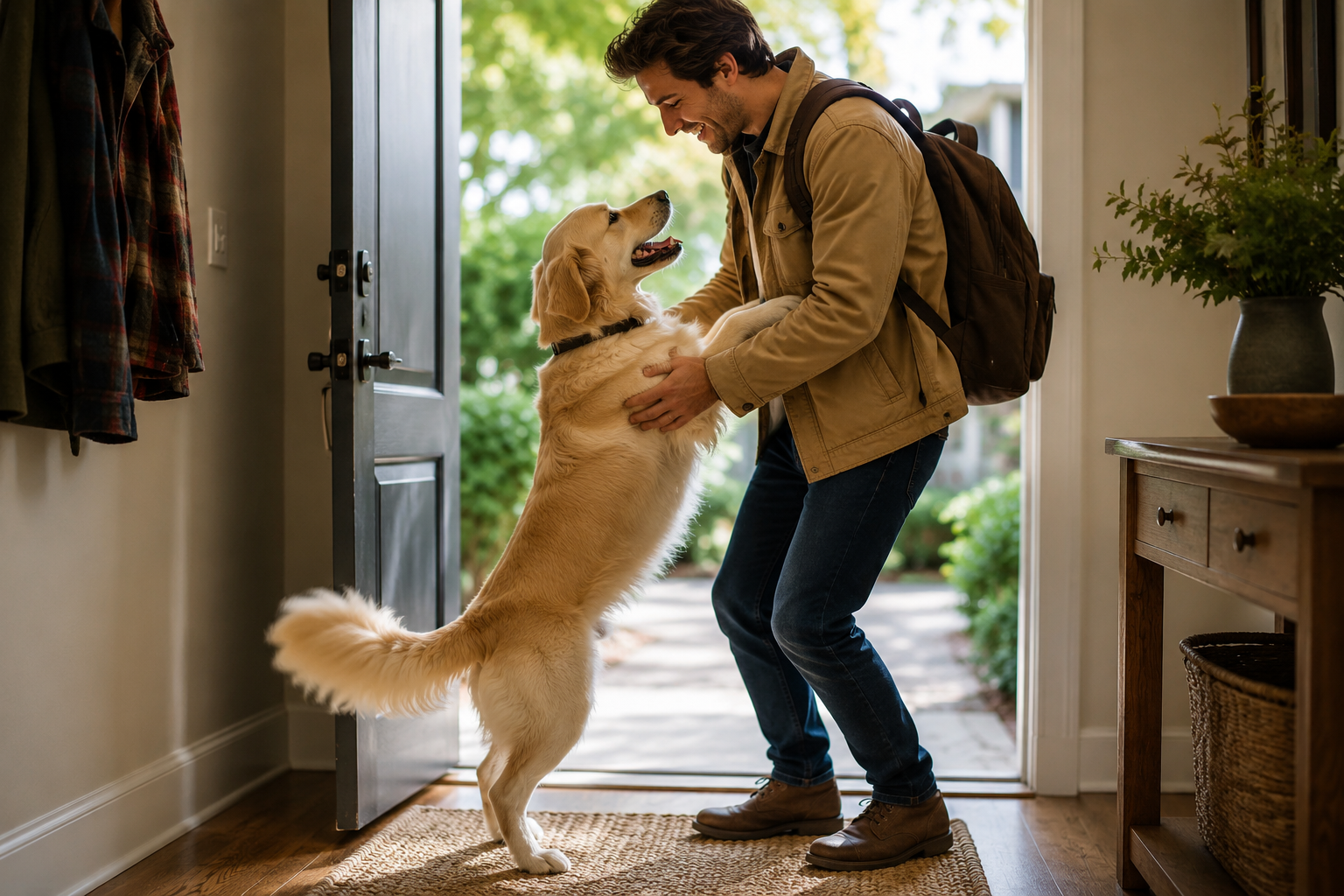 Excited young dog jumping up on its owner during a greeting at the front door.