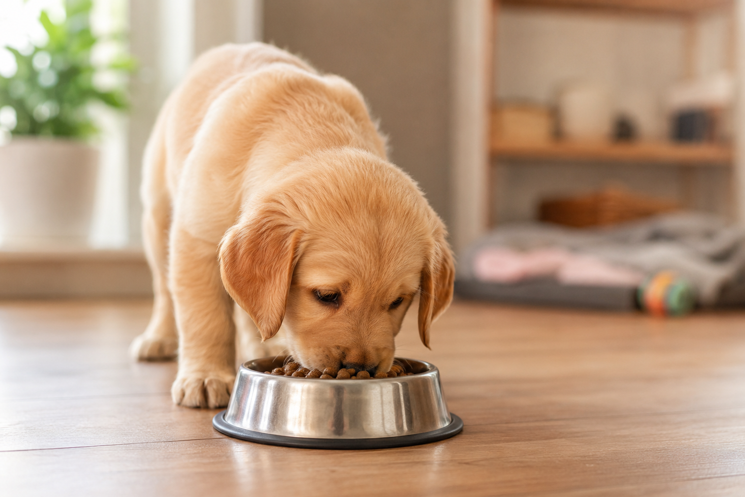 Young puppy eating measured food from a bowl as part of a daily feeding routine.