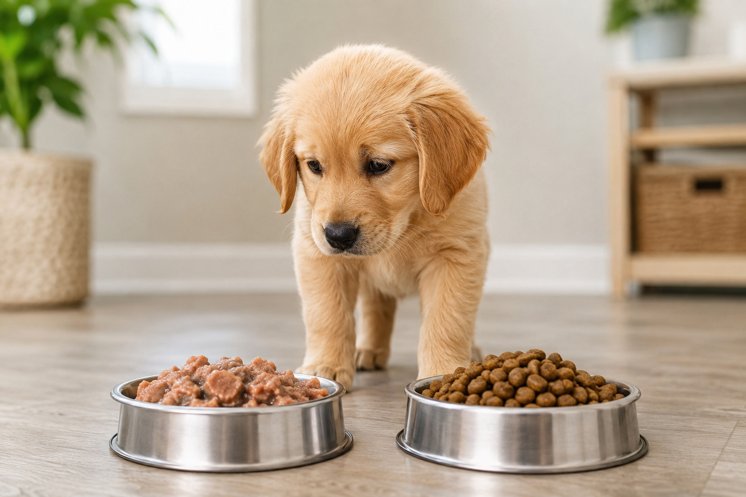 Bowls of wet food and dry kibble side by side with a puppy choosing between them.