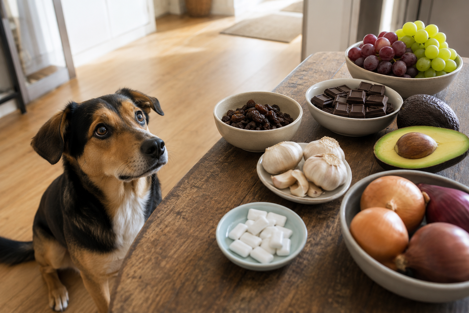 Dog looking up at a table of human foods that can be toxic to dogs.