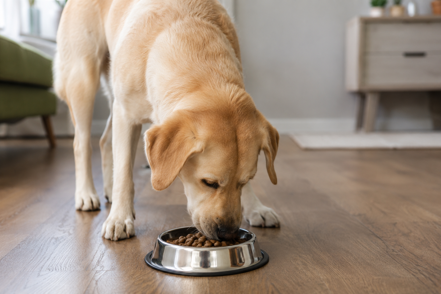 Adult dog eating a measured meal as part of a consistent daily feeding routine.