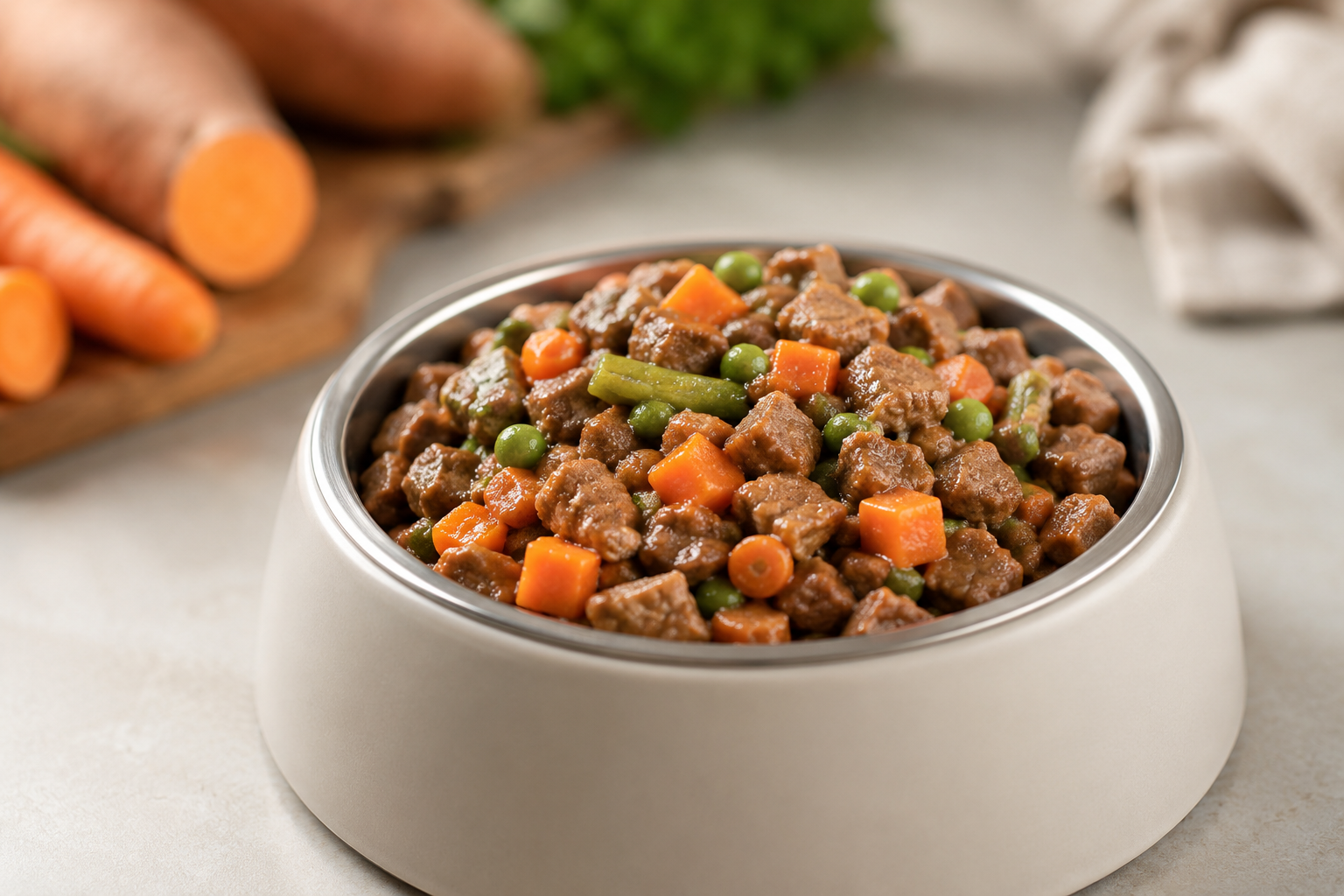 Bowl of grain-free dog food with vegetables instead of grains.