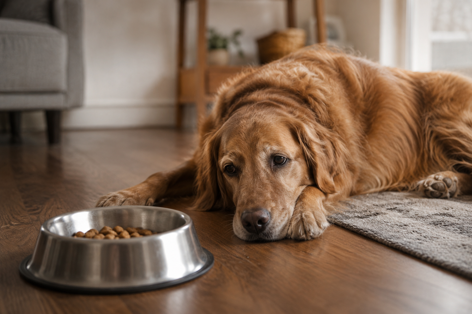 Dog resting beside a food bowl, showing possible signs its diet is not working.