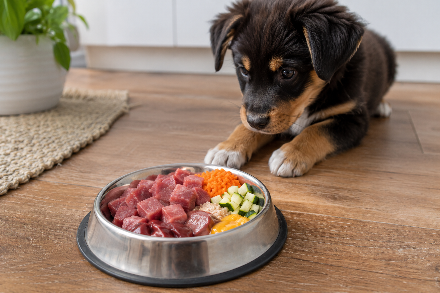 Bowl of raw meat and ingredients prepared as a raw diet meal for a puppy.