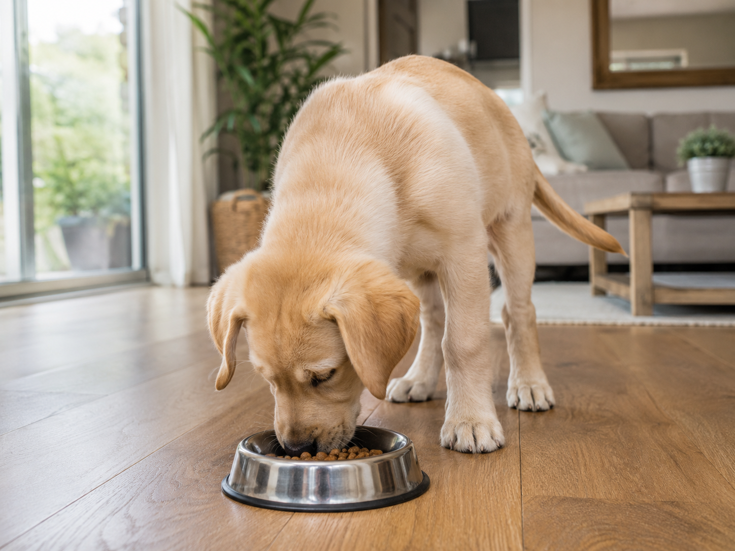 Large breed puppy eating from a measured bowl on the floor.