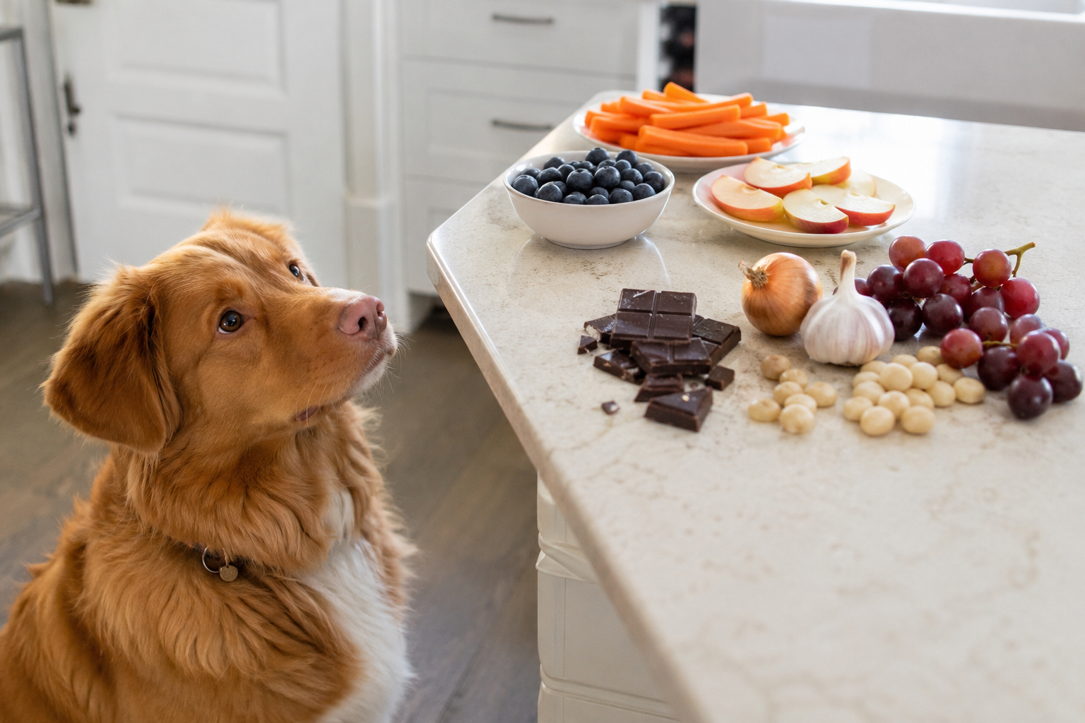 Dog looking at human food on a kitchen bench.