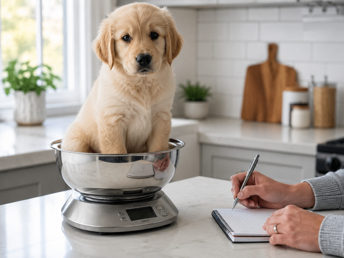 Puppy being weighed on scales to track weight gain.