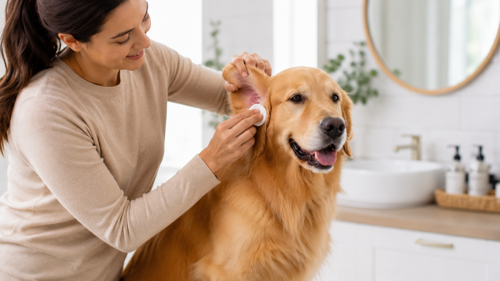 Owner gently cleaning a dog's ear with cotton wool, a first-time dog ear cleaning guide