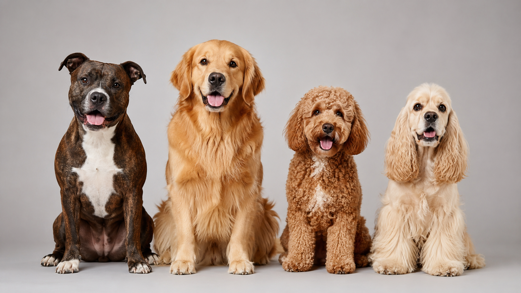 Dogs with smooth, double, curly and long coats together, illustrating dog grooming by coat type