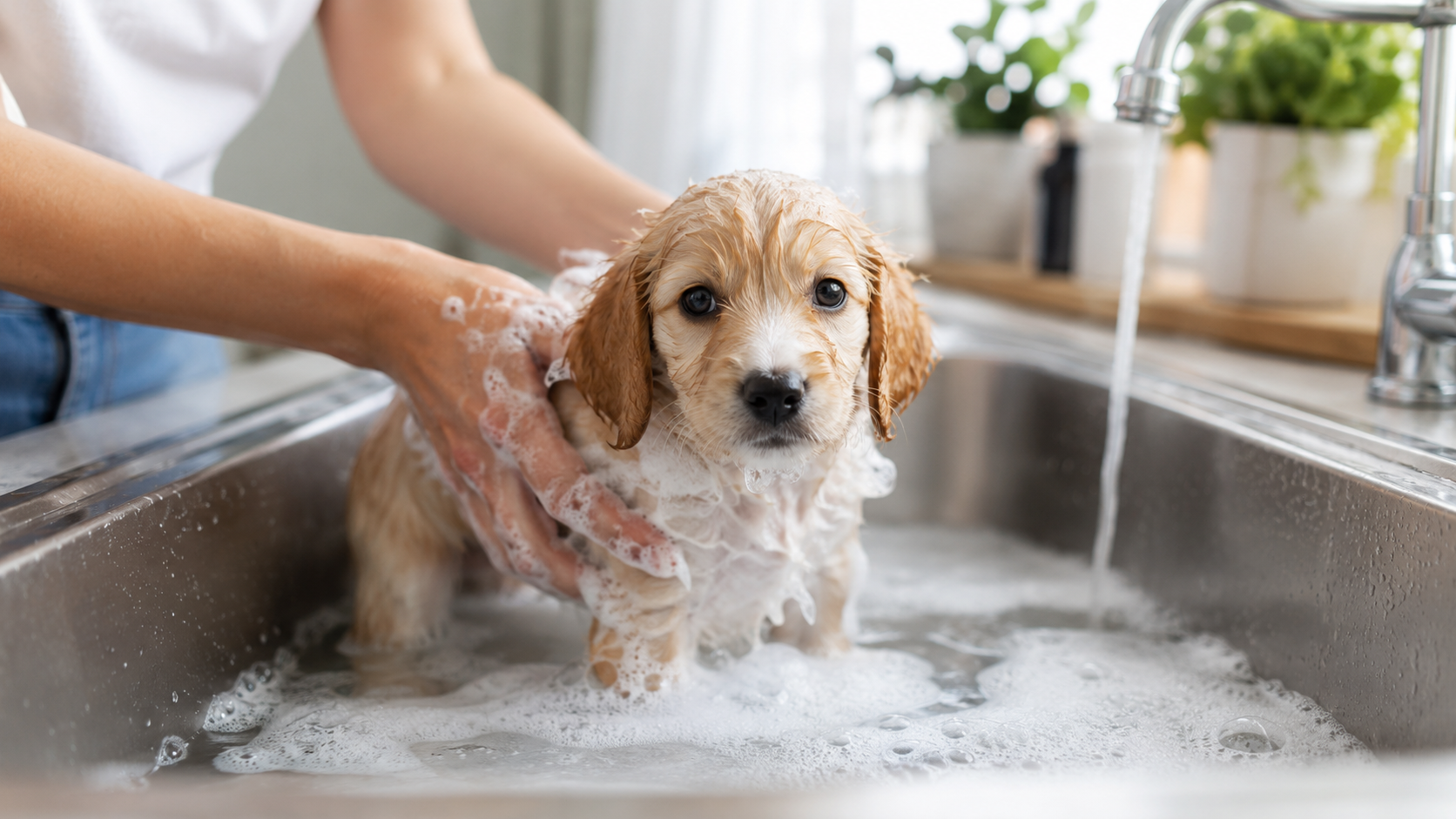 Puppy being gently bathed in a sink, showing how often to bathe a puppy