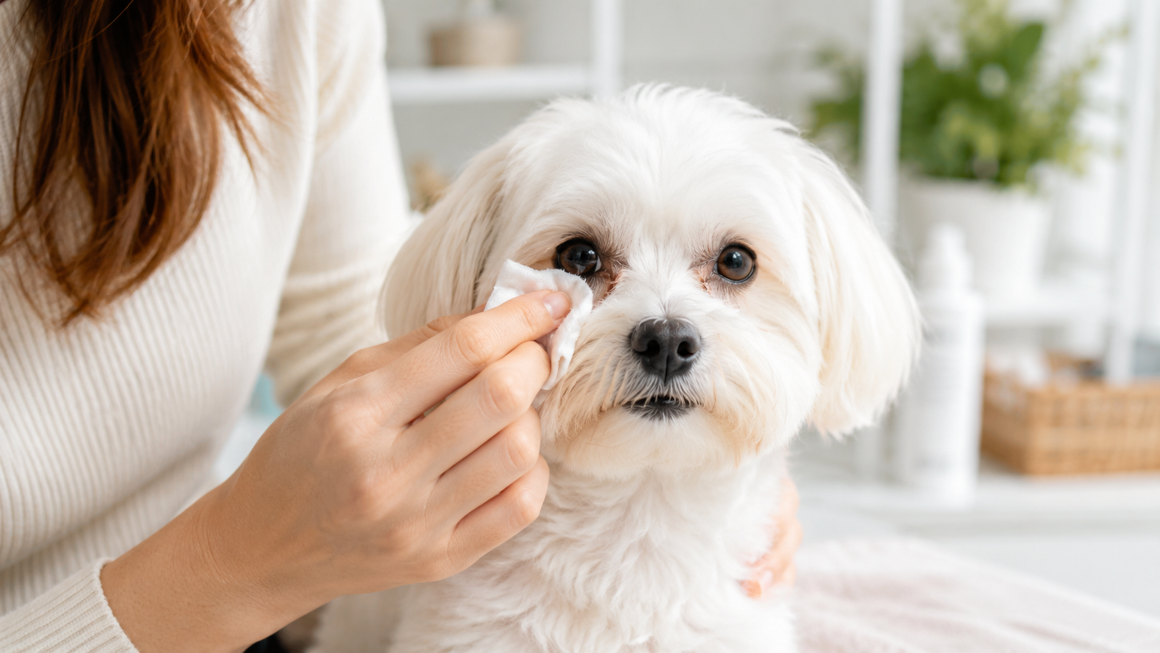 Owner gently wiping a white dog's face to help prevent tear stains in dogs