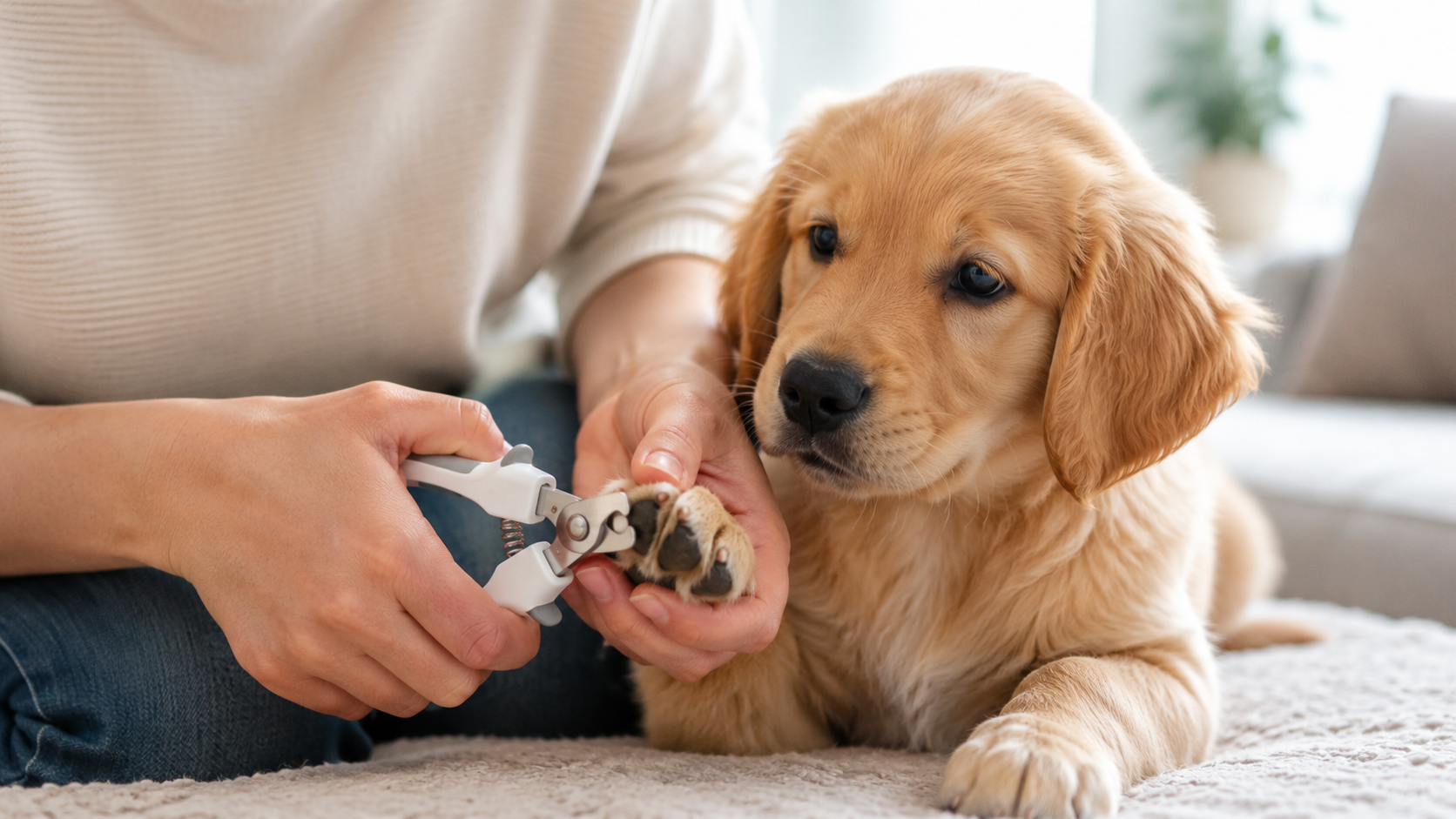 Owner gently trimming a puppy's nail with clippers while the puppy stays calm