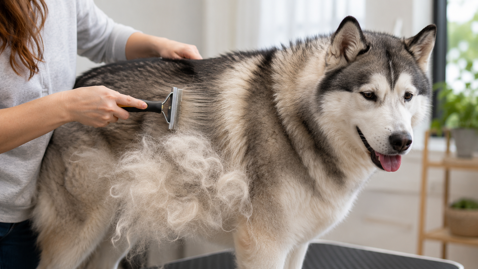 Deshedding a double-coated dog with a large clump of loose undercoat, showing a dog blowing coat