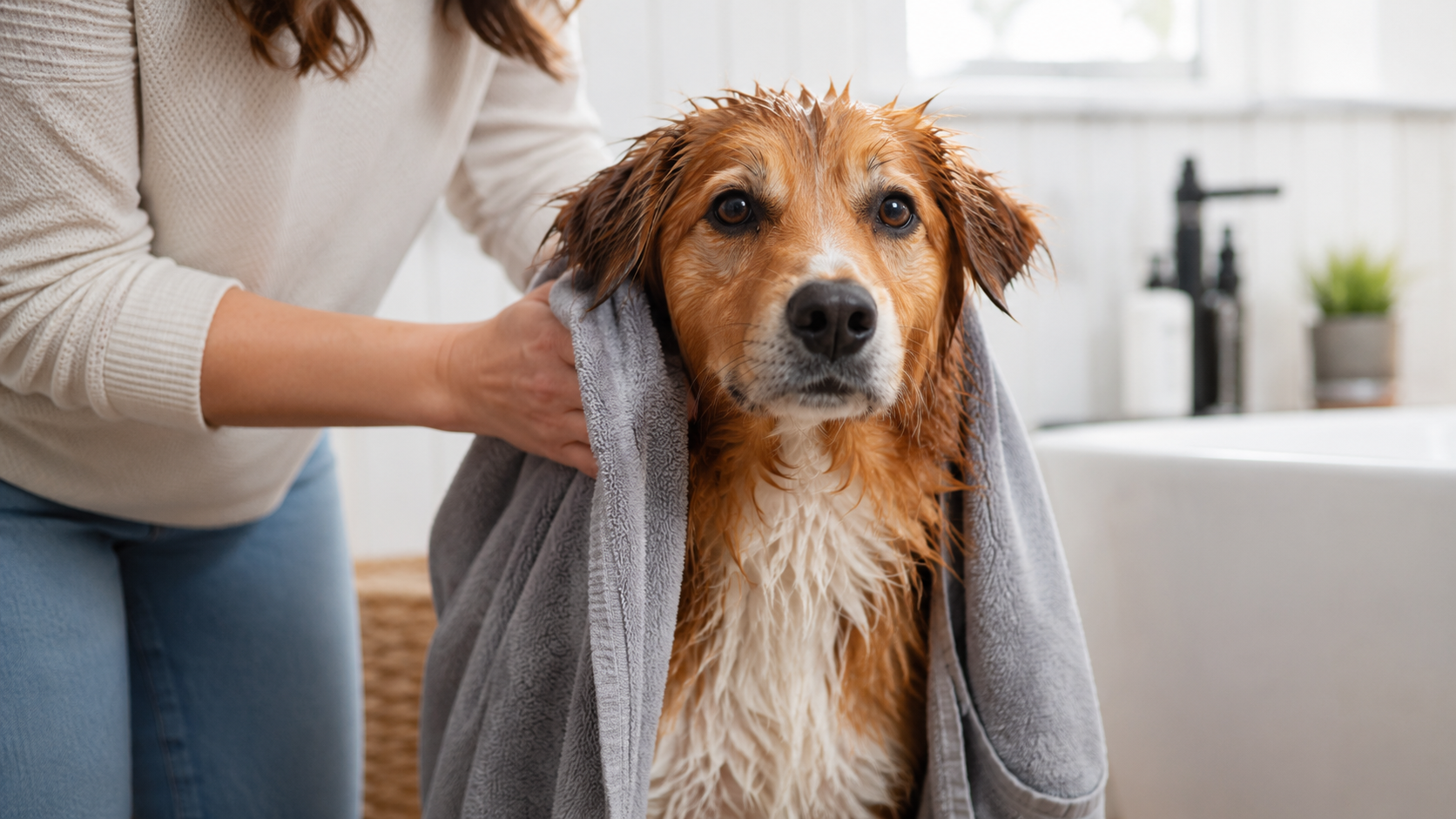 Wet dog being towel-dried, illustrating why a dog smells after a bath