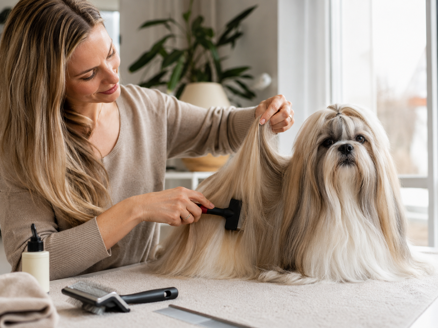 Owner line-brushing a long-haired dog as part of a grooming routine