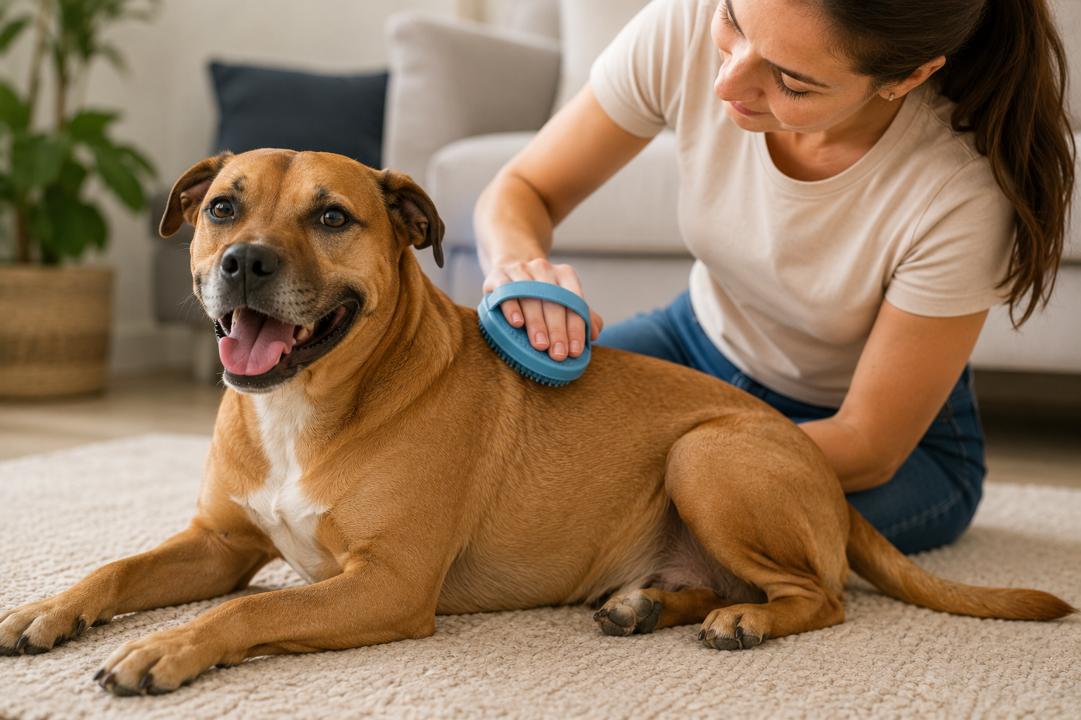 Owner brushing a short-haired dog with a rubber curry brush as part of a grooming routine