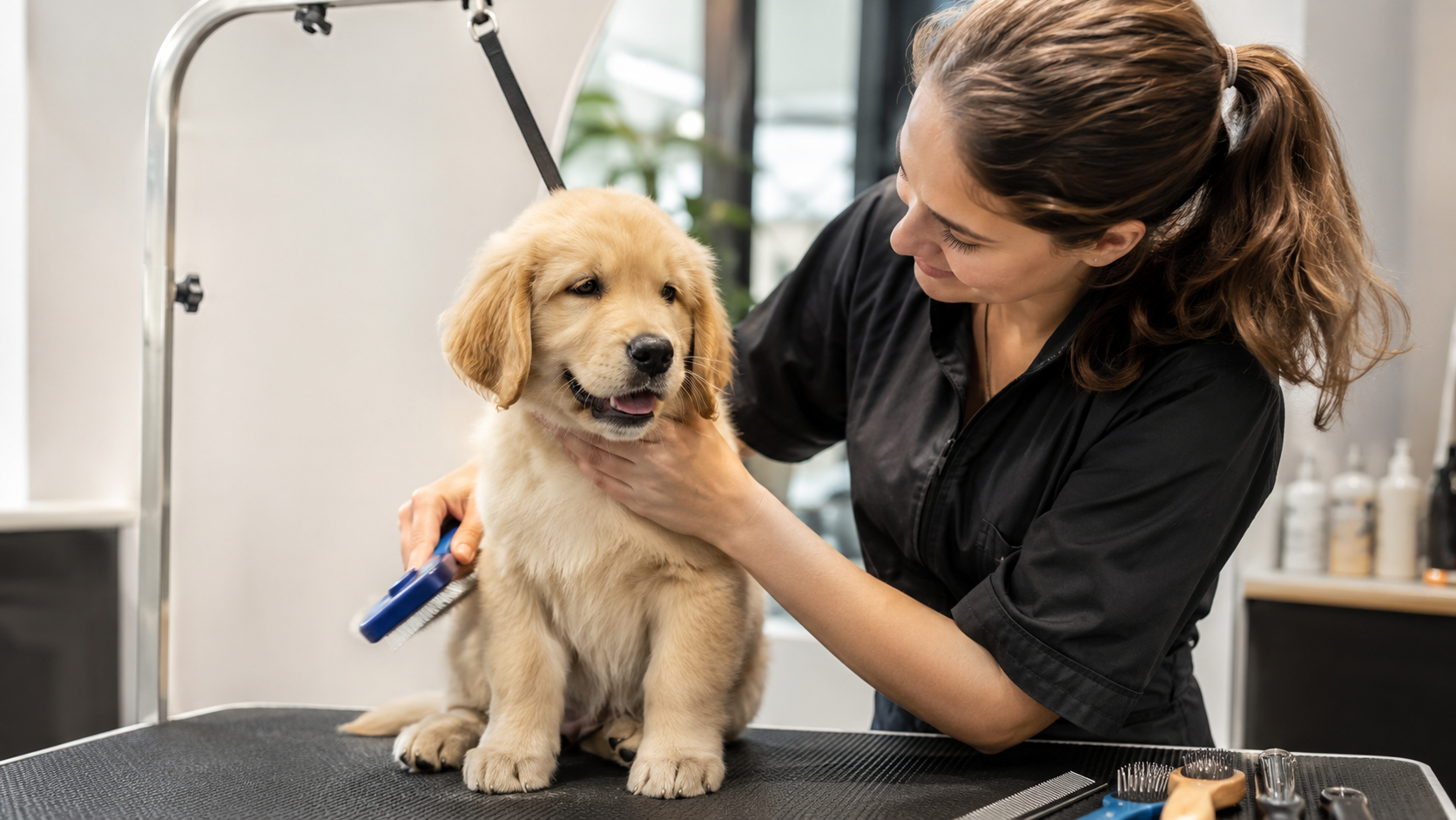 Puppy being gently groomed by a professional groomer, showing professional grooming for puppies