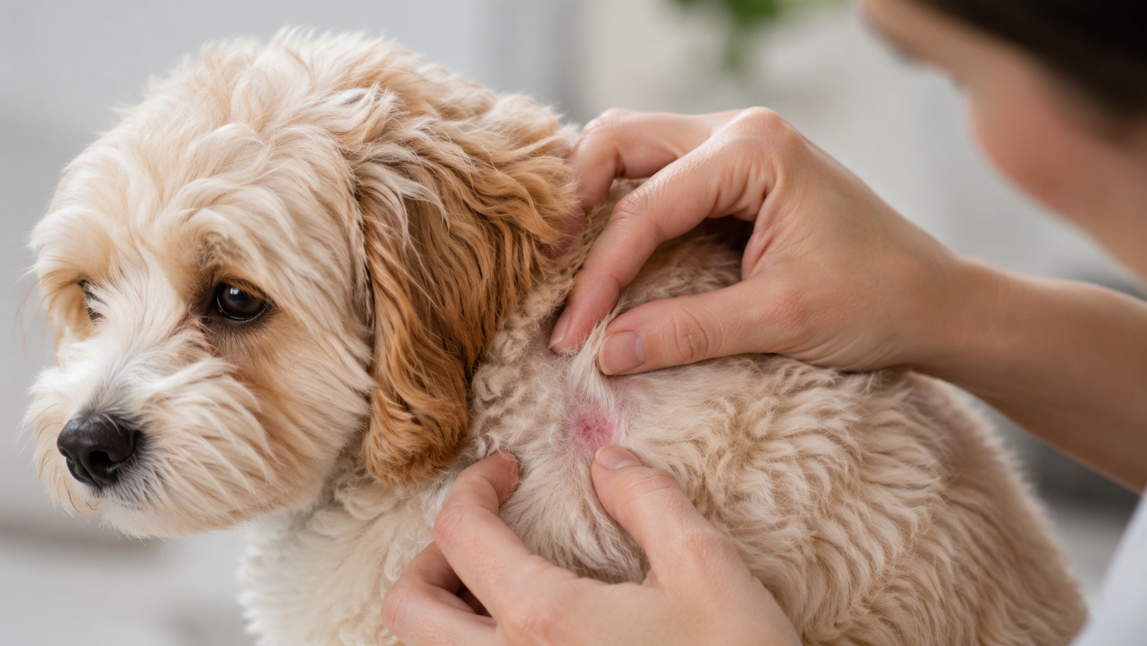 Owner parting a dog's fur to check the skin for signs of skin irritation