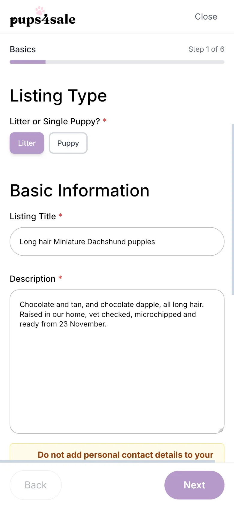 The new listing form on a phone, with Litter chosen and the title and description typed in